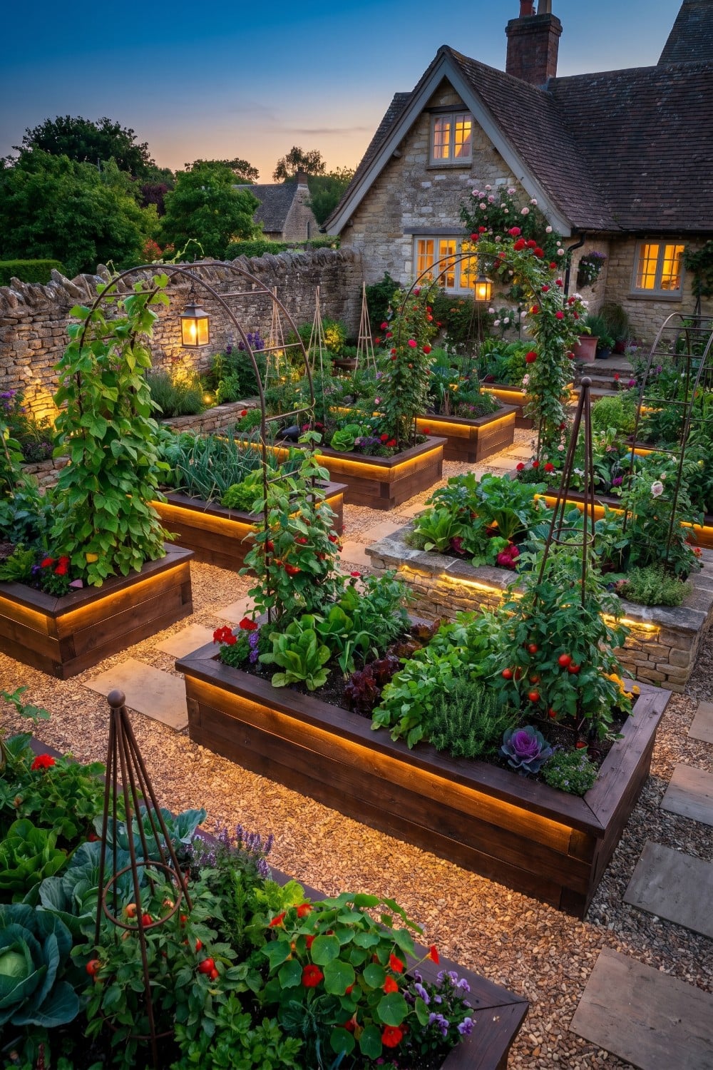 Illuminated veggie garden with metal climbing arches