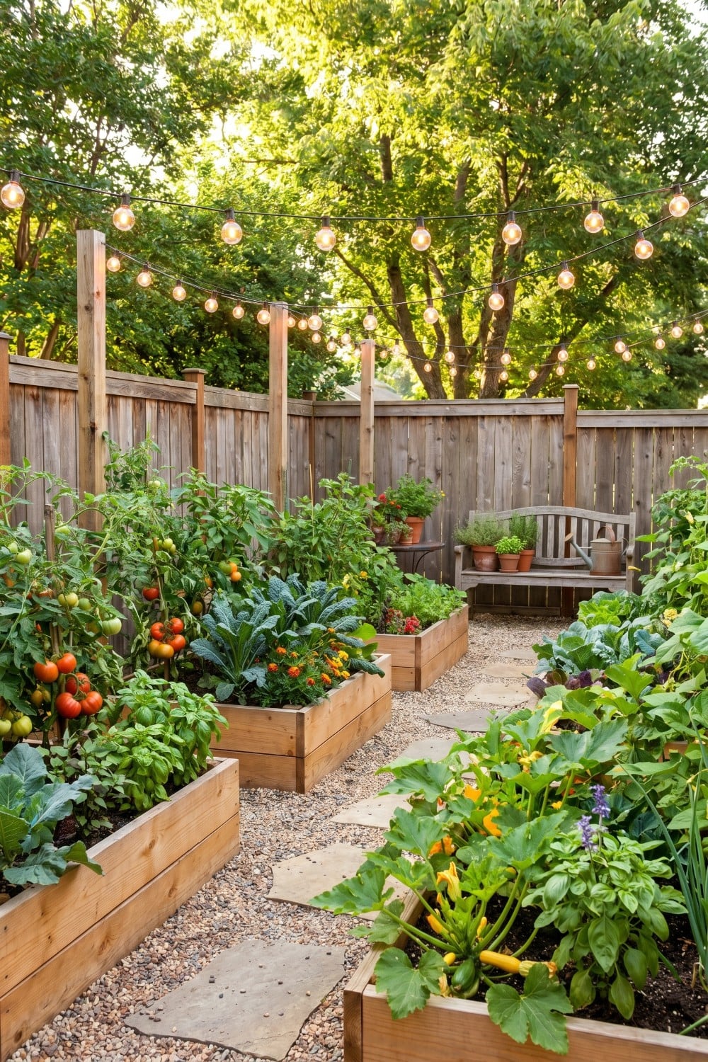 Veggie garden with globe lights and wooden bench