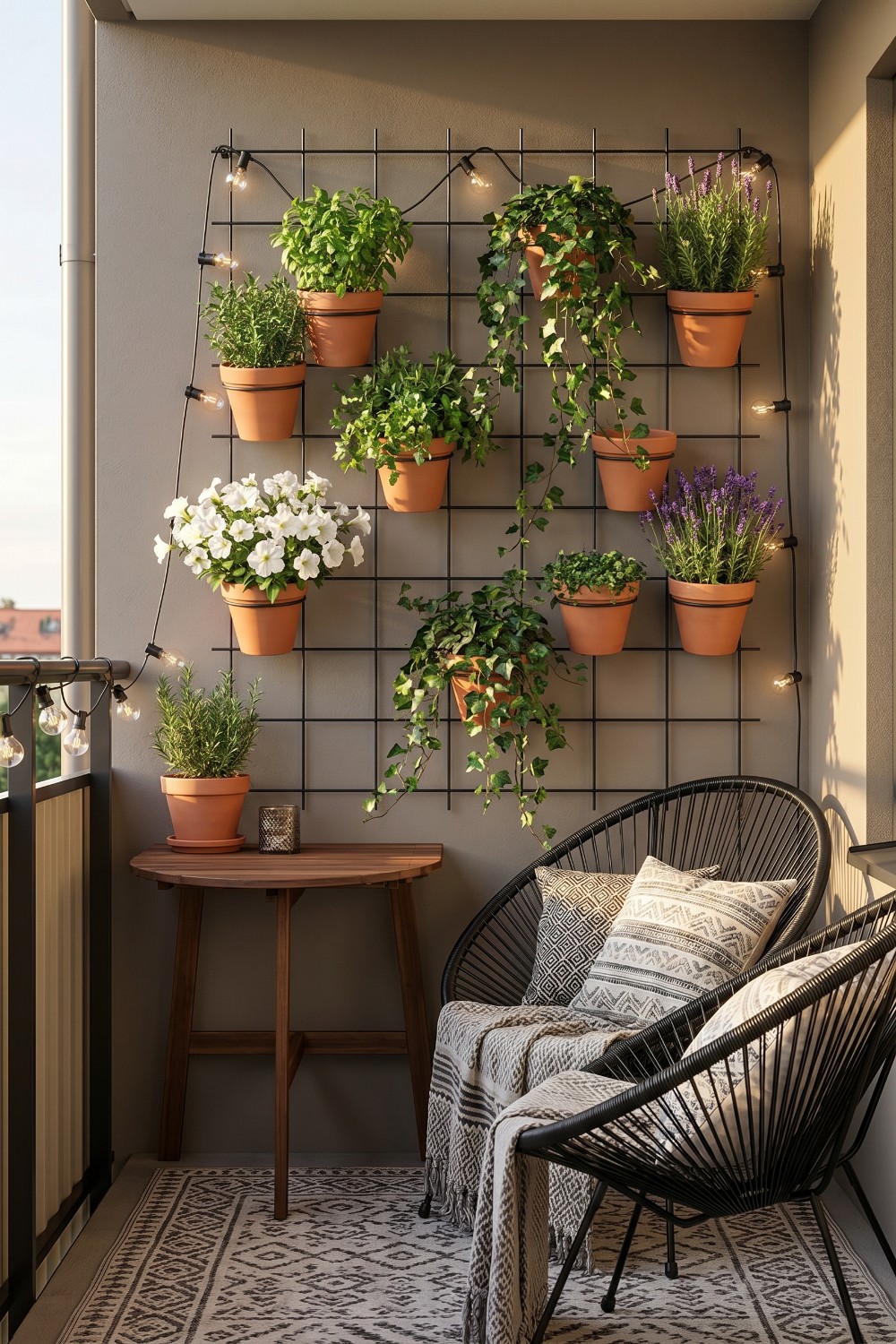 Black String Chairs on Very Small Balcony