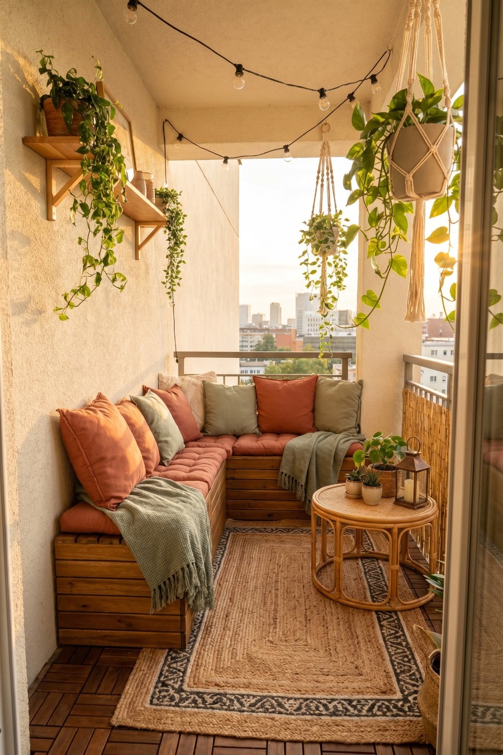 Terracotta Cushions and Jute Rug on Very Small Balcony