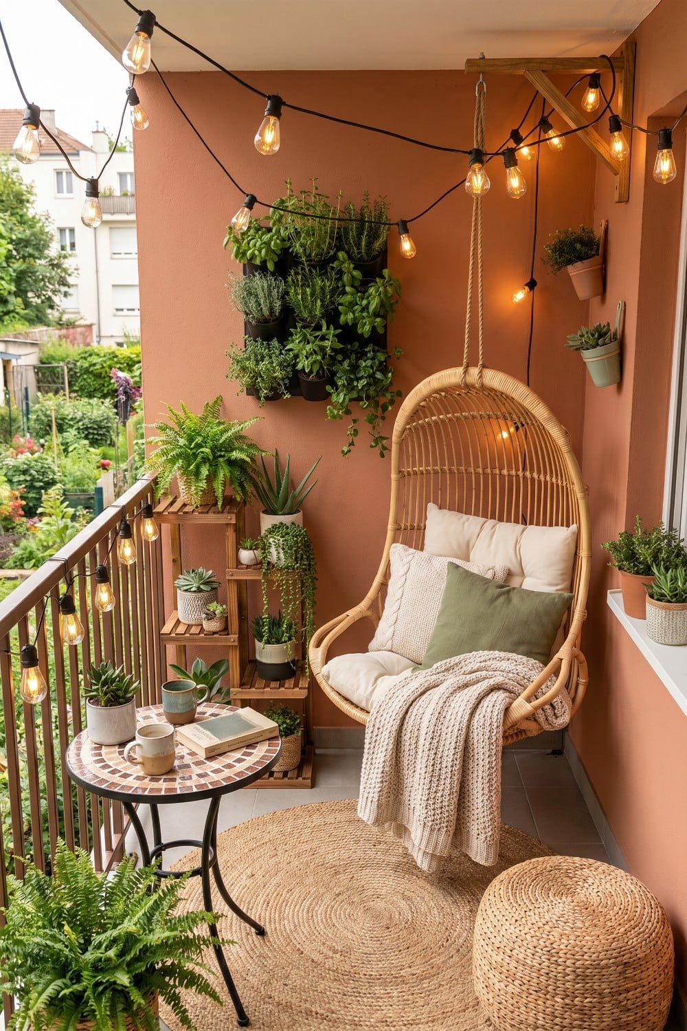 Edison Bulb String Lights on Very Small Balcony