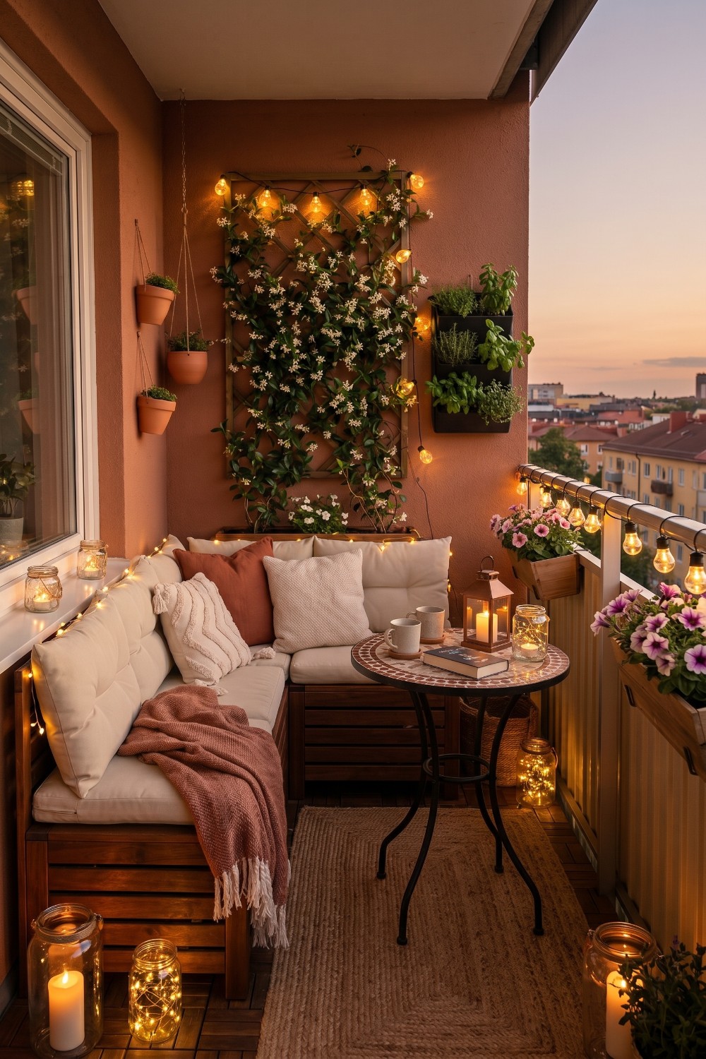 L-Shaped Wooden Bench on Very Small Balcony