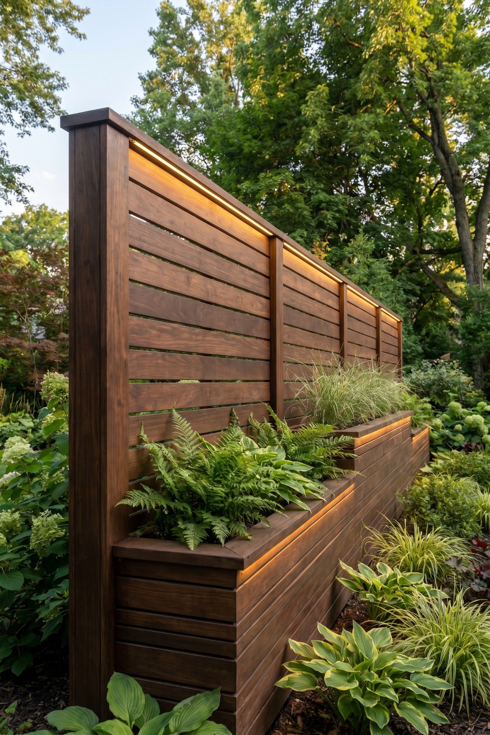 Tiered Backlit Garden Beds and Wood Privacy Fence