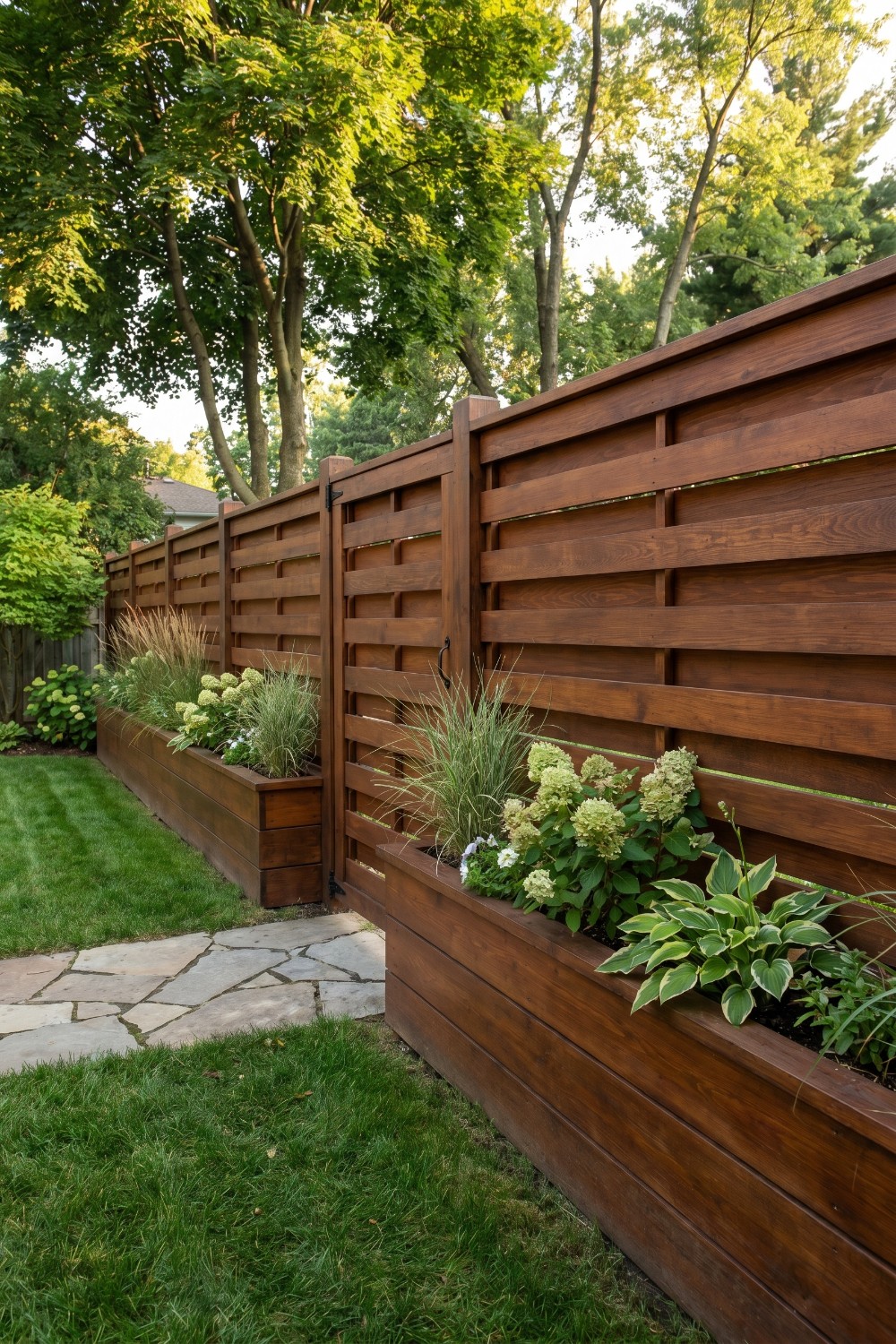 Horizontal Slatted Wood Privacy Fence and Stone Walkway