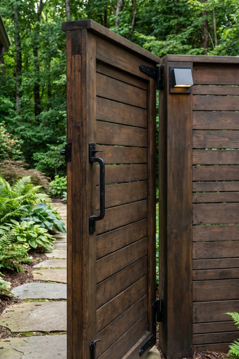 Dark Wood Privacy Fence with Modern Black Hardware