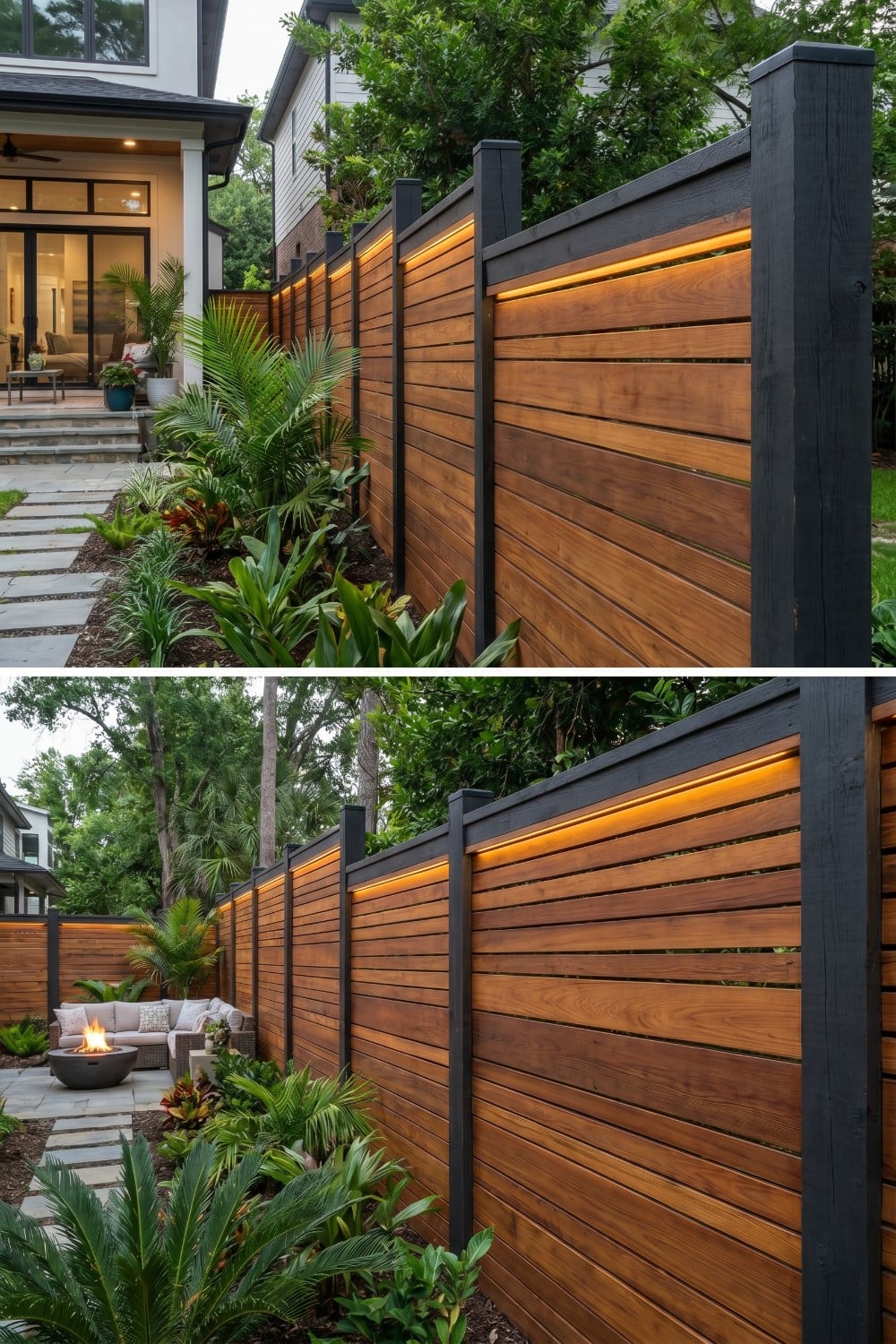 Charcoal Framed Wood Privacy Fence and Under-Rail Glow