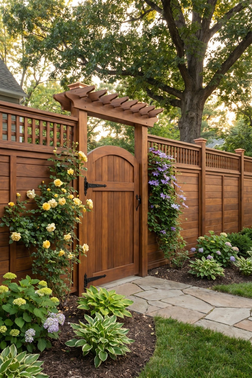 Lattice Top Wood Privacy Fence and Arched Gate