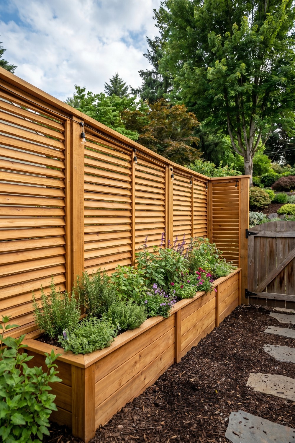 Louvered Wood Privacy Fence and Lush Herb Bed
